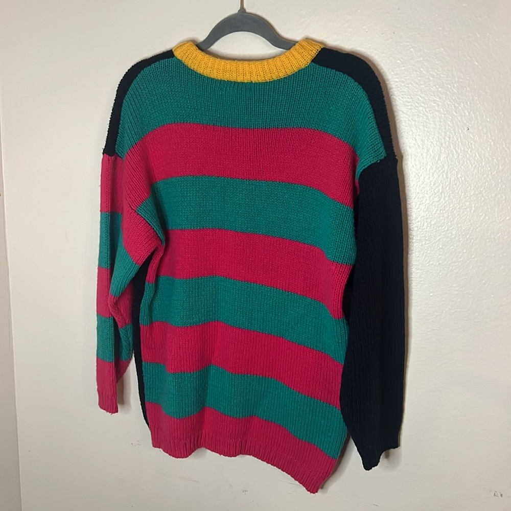 80s Acrylic Bright Print Polka Dot Stripes Sweater Large Circus Clowncore - Picture 3 of 3